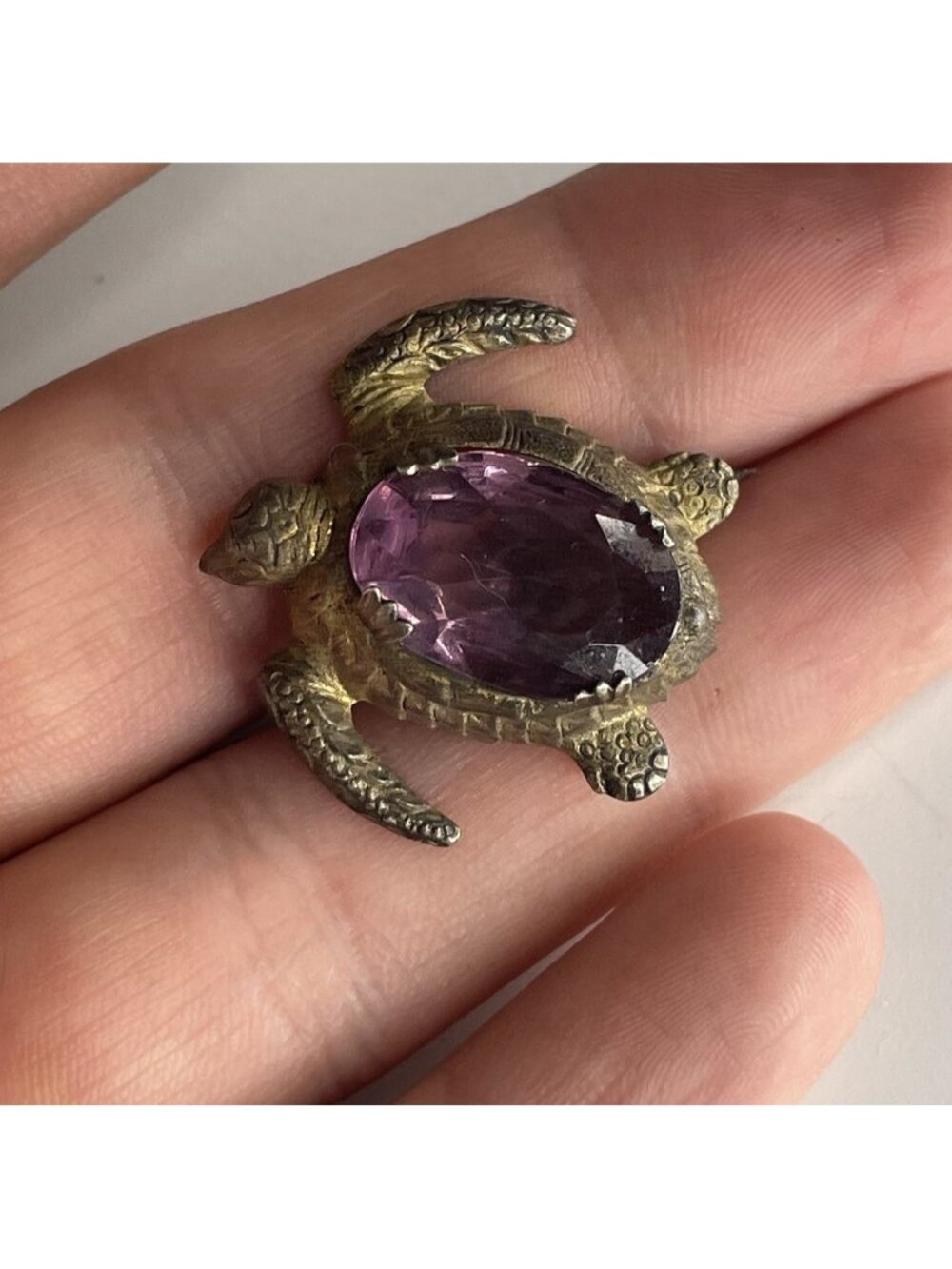 Mid-Century Vintage Sterling Turtle Brooch Jelly Belly Amethyst Purple Glass